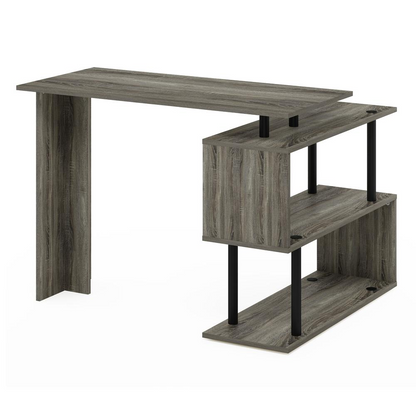 Furinno Moore L-shape computer desk with three-tier shelves in French Oak and black finish, featuring a spacious workspace and storage.