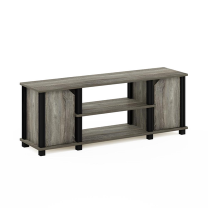 Furinno Simplistic TV stand with shelves and storage in French Oak and black finish, featuring a modern furniture design.