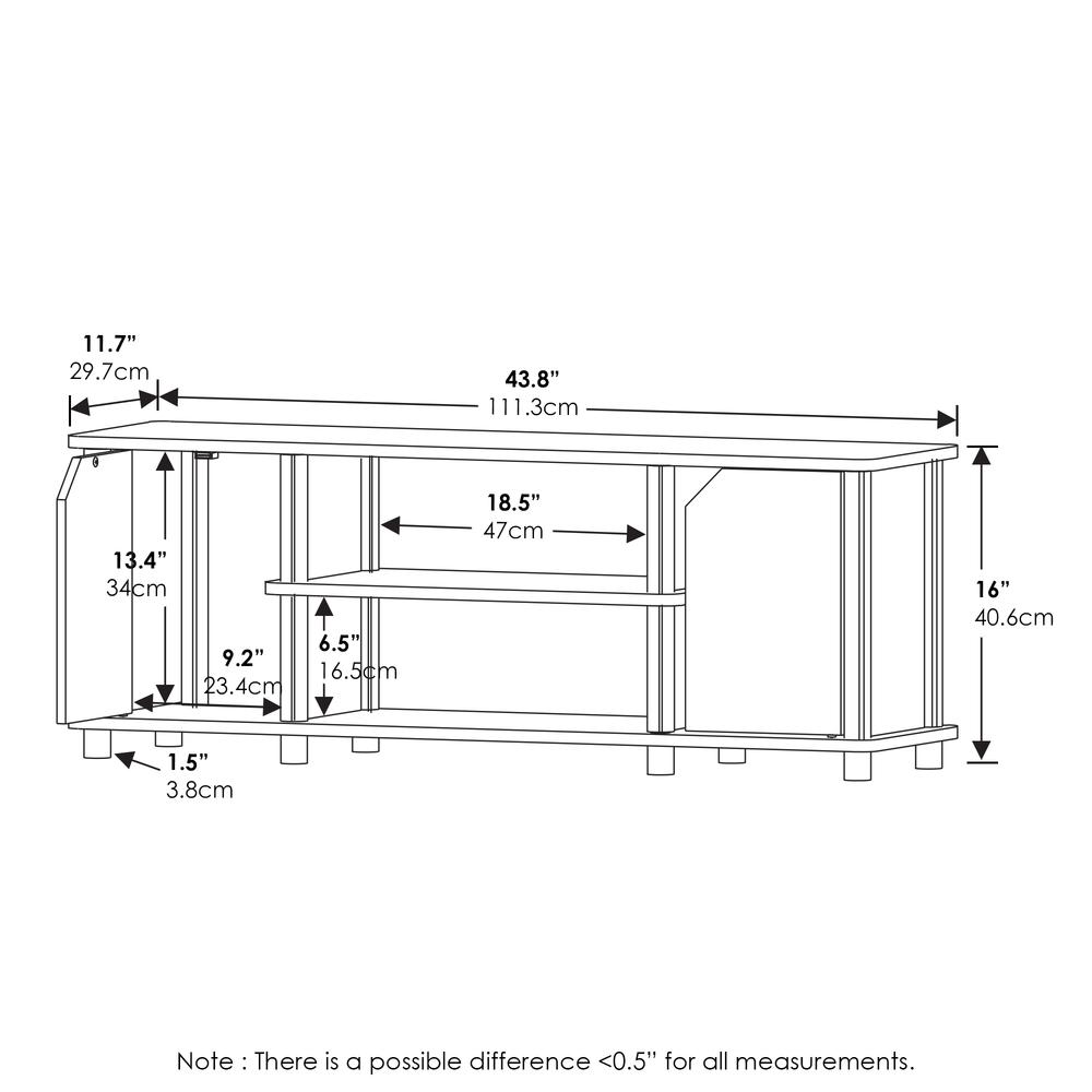 Furinno Simplistic TV stand with shelves and storage in French Oak and black, featuring a modern furniture design.