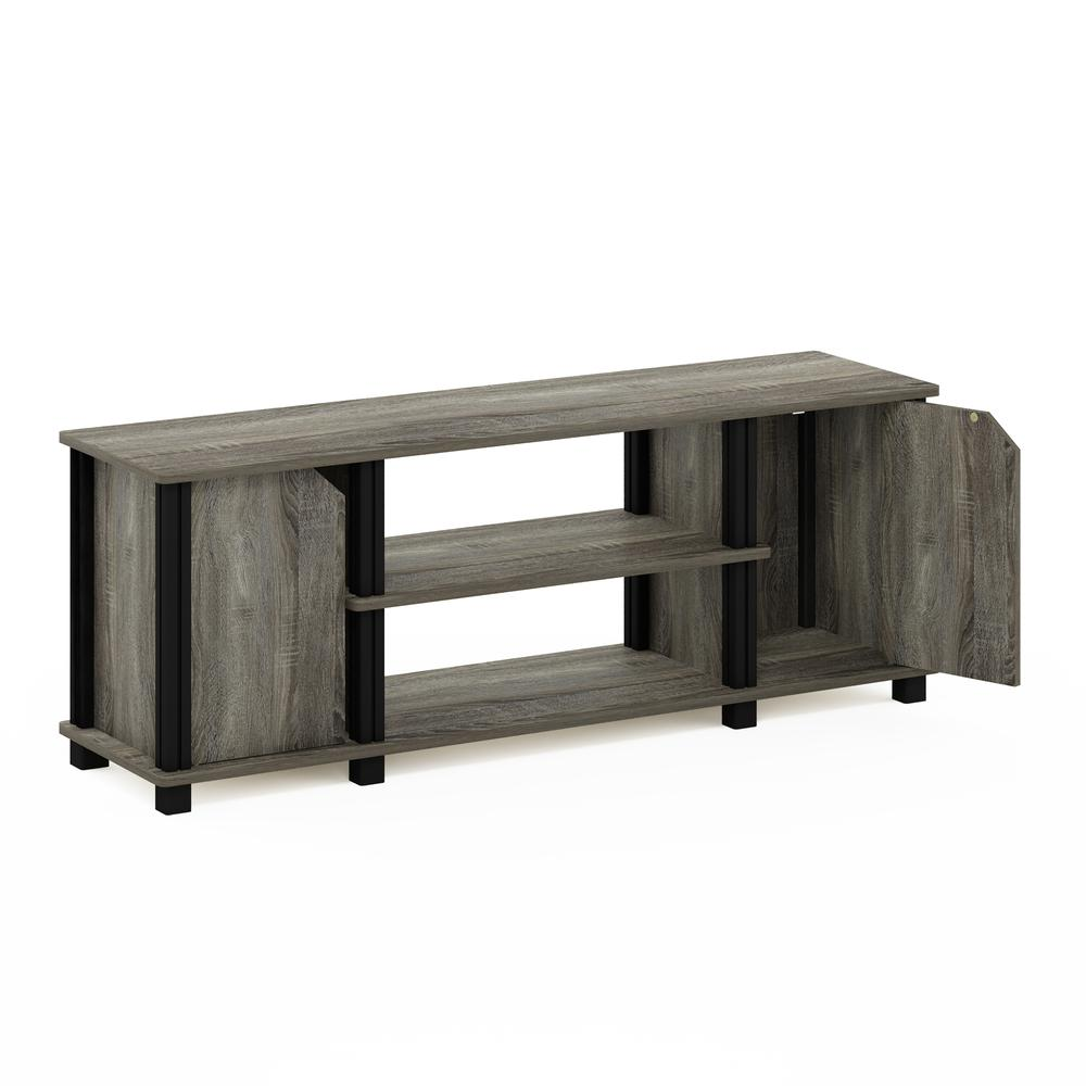 Furinno Simplistic TV stand with shelves and storage in French Oak and black, featuring a modern furniture design.