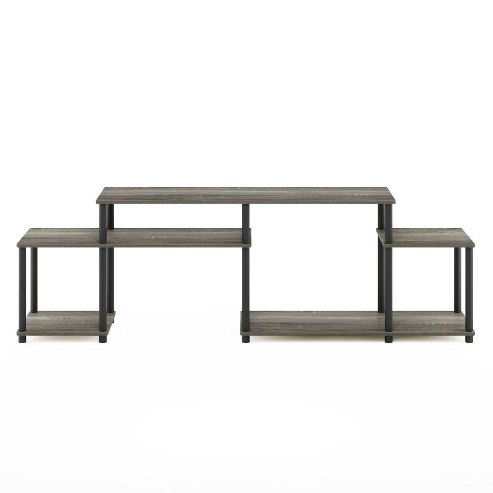 Furinno Turn-N-Tube French Oak Grey and Black TV stand for 55-inch TVs, showcasing modern furniture design with open storage.
