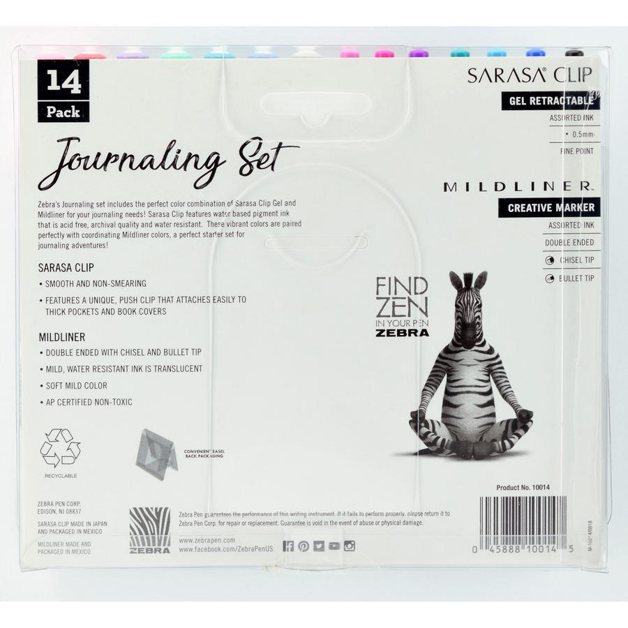 Start2Finish Zebra journaling set with Mildliner highlighter and Sarasa Clip gel pens, featuring 1mm bullet and chisel tips, 14-pack.