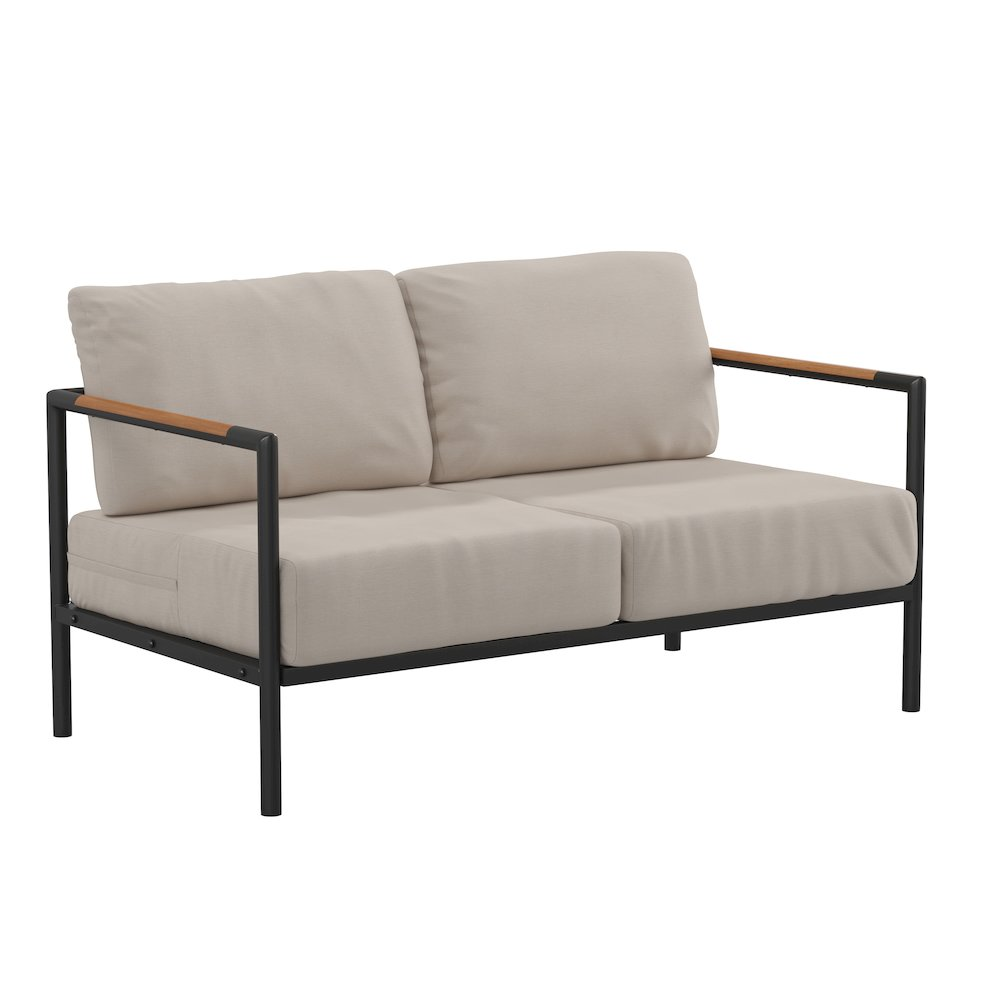 Black patio loveseat with beige cushions and teak accent arms, outdoor furniture by Start2Finish.