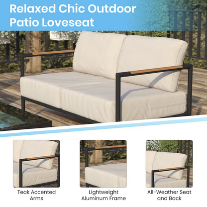 Black patio loveseat with beige cushions and teak accent arms, outdoor furniture by Start2Finish.