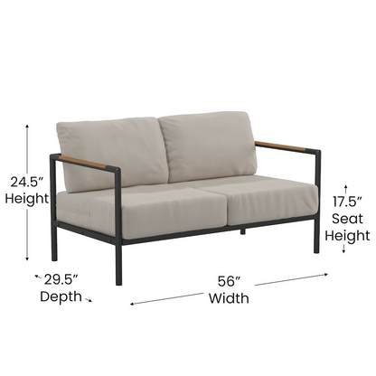 Black patio loveseat with beige cushions and teak accent arms, outdoor furniture by Start2Finish