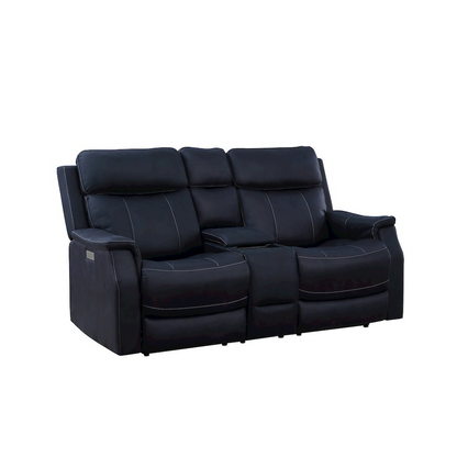 Start2Finish Valencia Dual Power Reclining Console Loveseat in Ocean fabric, showing the plush cushions and reclining features.