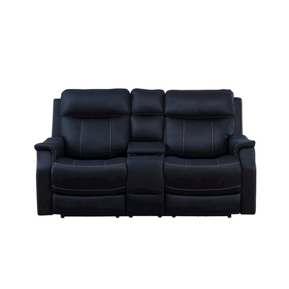 Start2Finish Valencia Dual Power Reclining Console Loveseat in Ocean fabric with built-in cup holders and plush cushioning.