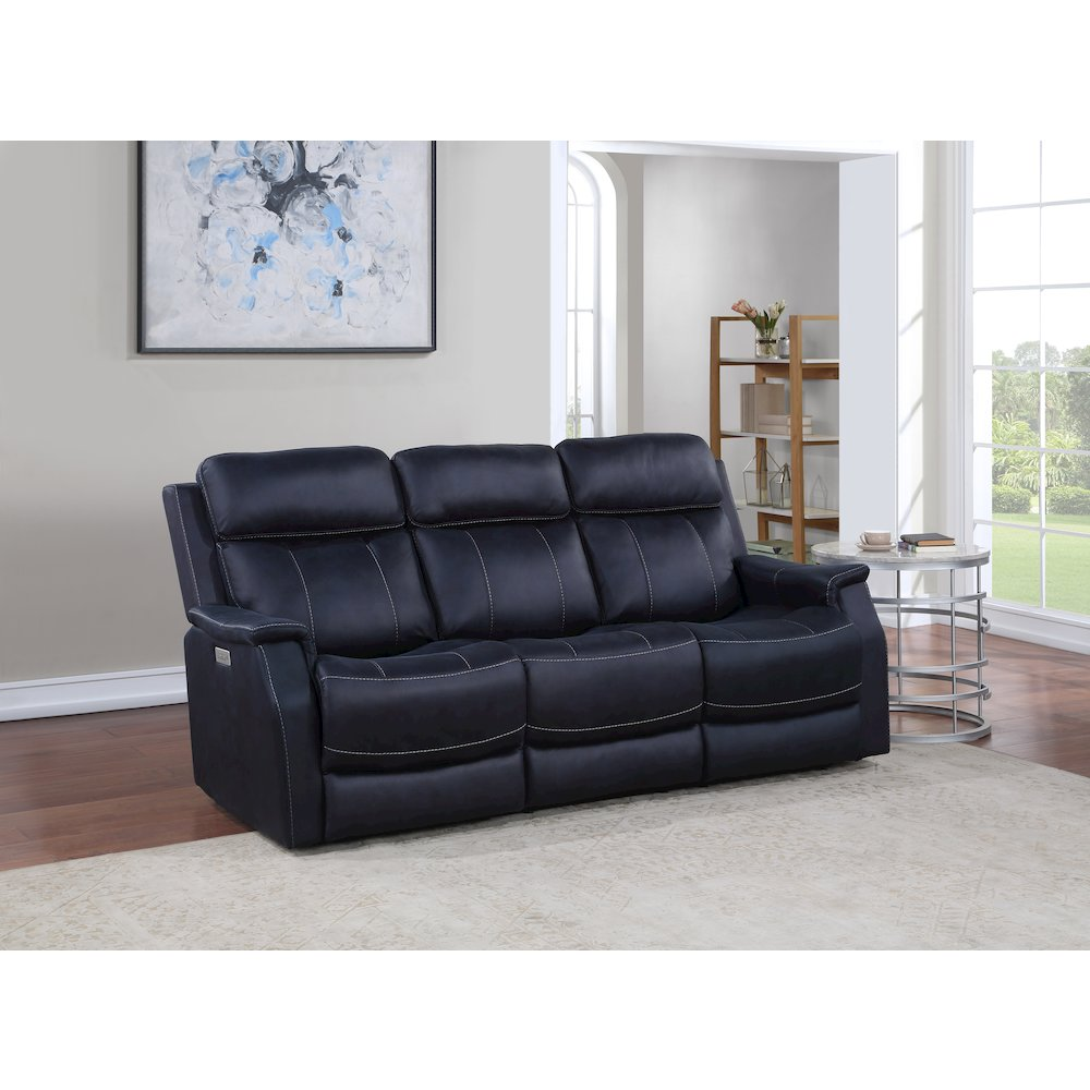 Valencia Dual Power Reclining Console Loveseat by Start2Finish in ocean blue fabric, showing plush cushions and built-in console.