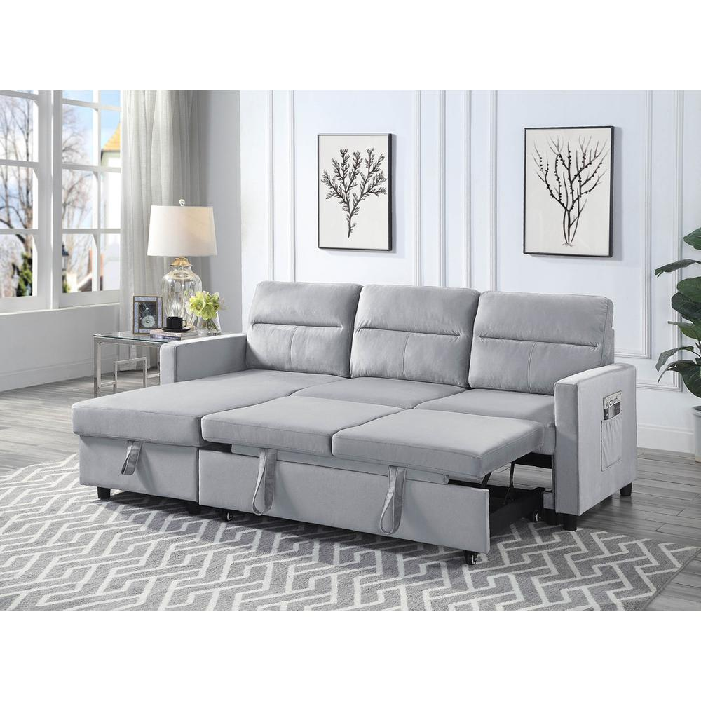 Start2Finish Ivy Light Gray Velvet Reversible Sleeper Sectional Sofa with Storage Chaise and side pocket, showing plush upholstery and modern design.