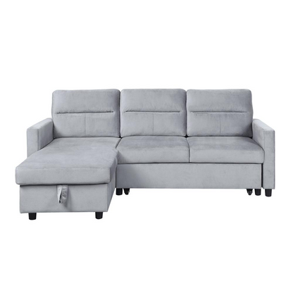 Light gray velvet reversible sleeper sectional sofa with storage chaise and side pocket from Start2Finish, showing plush fabric and modern design.