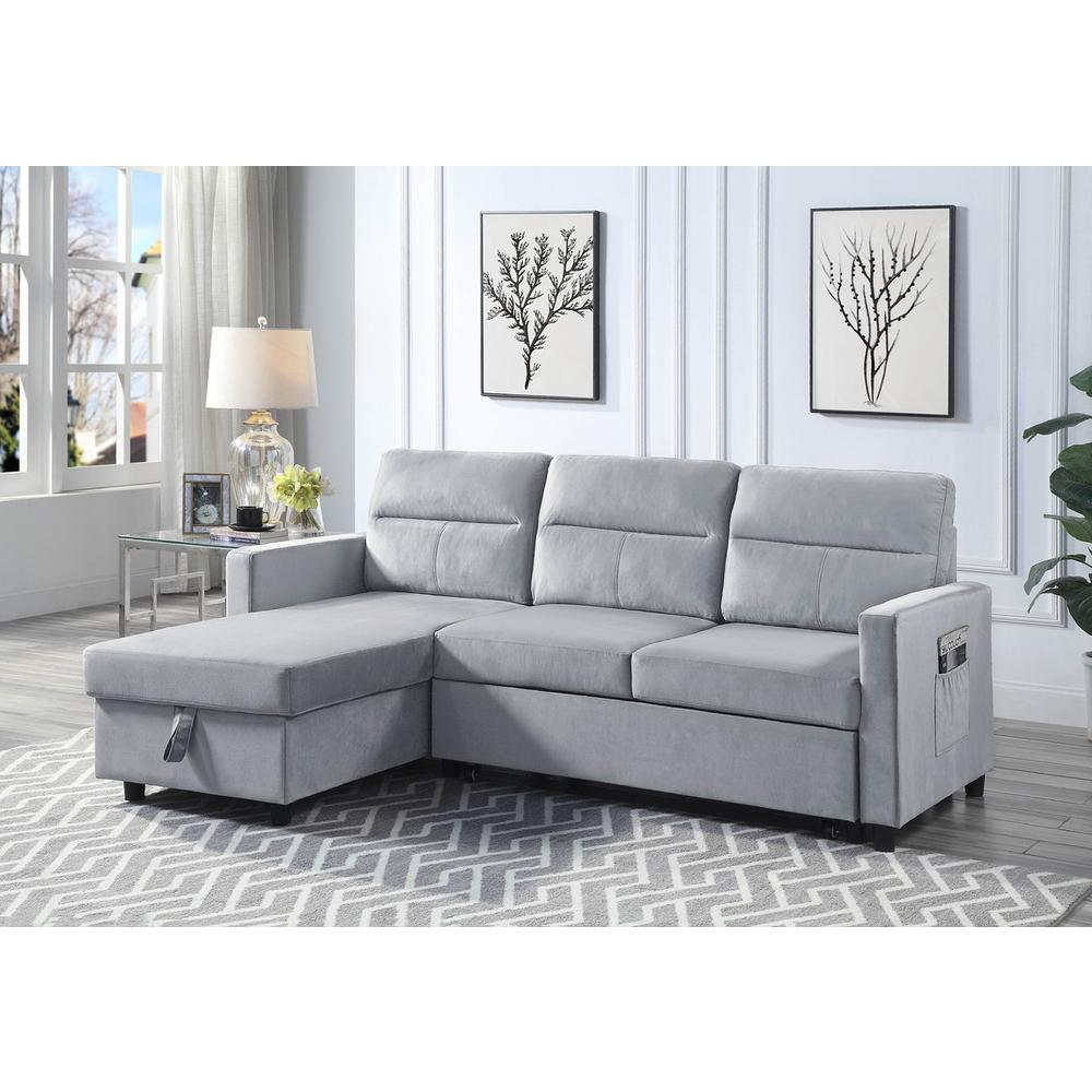 Ivy light gray velvet reversible sleeper sectional sofa with storage chaise and side pocket by Start2Finish