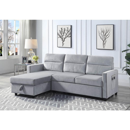 Ivy light gray velvet reversible sleeper sectional sofa with storage chaise and side pocket by Start2Finish