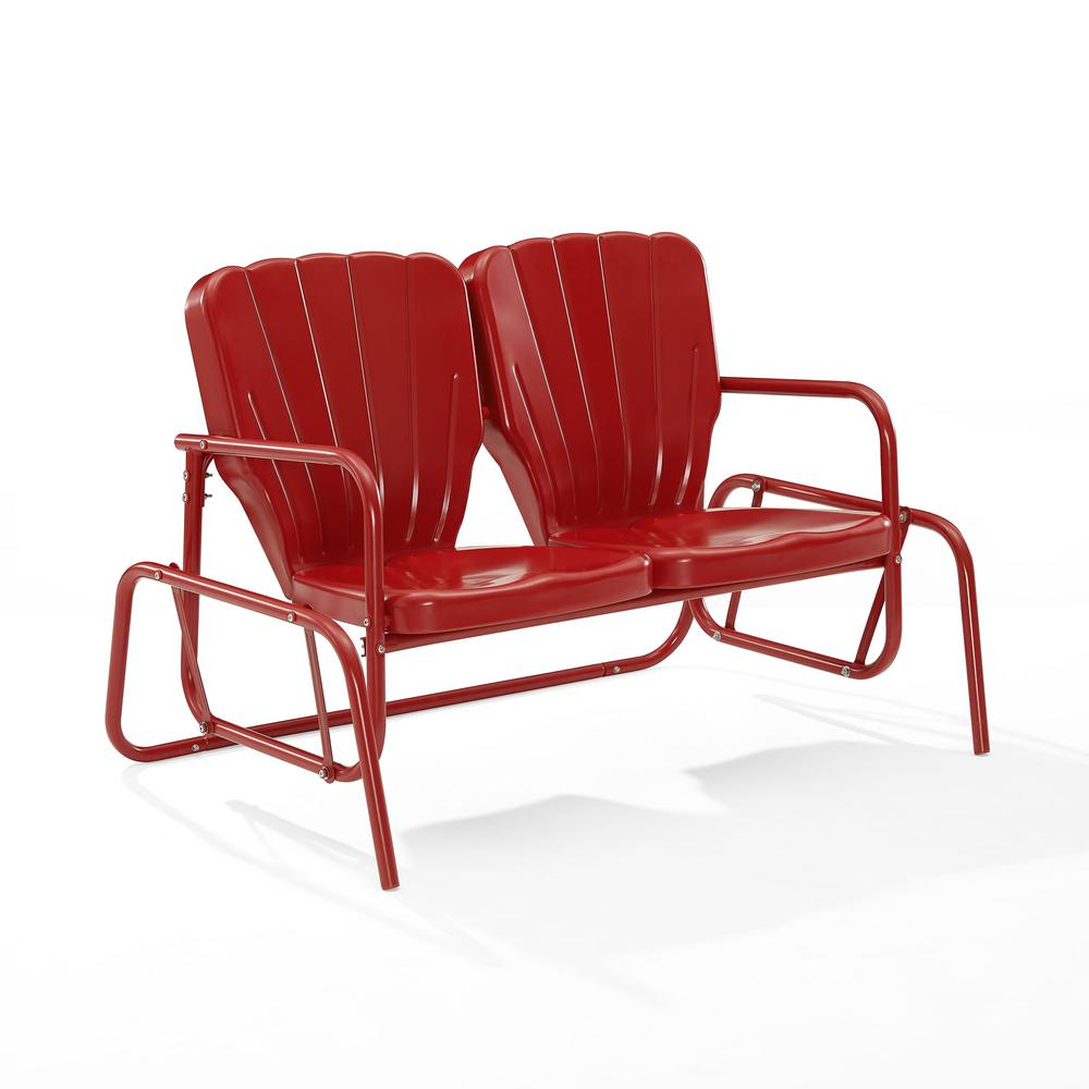 Start2Finish Ridgeland Retro Outdoor Loveseat Glider with cushioned seating and armrests, perfect for outdoor relaxation.