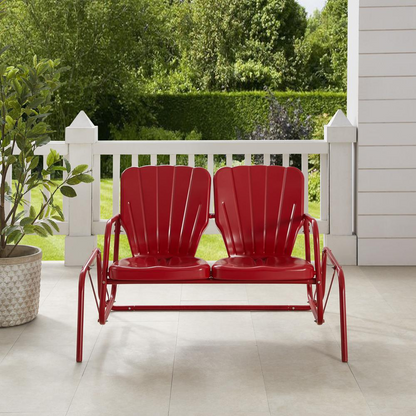 Start2Finish Ridgeland Retro Outdoor Loveseat Glider in weather-resistant metal with a vintage design and cushioned seating.
