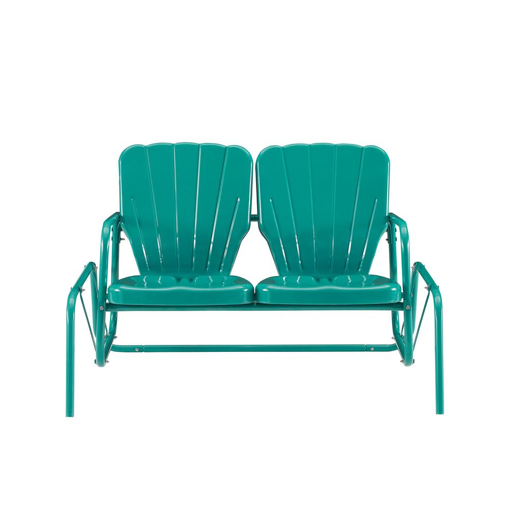 Start2Finish Ridgeland Retro Outdoor Loveseat Glider, metal frame with cushioned seating, ideal for porch or patio relaxation.