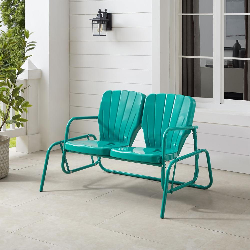 Start2Finish Ridgeland Retro Outdoor Loveseat Glider made of weather-resistant wood with cushioned seats for outdoor relaxation.