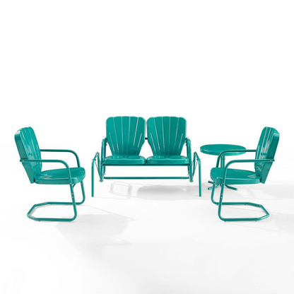 Start2Finish Ridgeland 4-piece outdoor loveseat glider set with armchairs and side table, featuring comfortable cushioned seats.