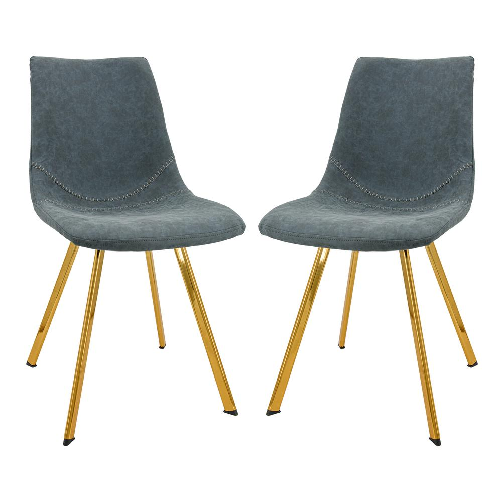 Set of two Markley modern leather dining chairs with gold metal legs, showcasing sleek design and cushioned seats.