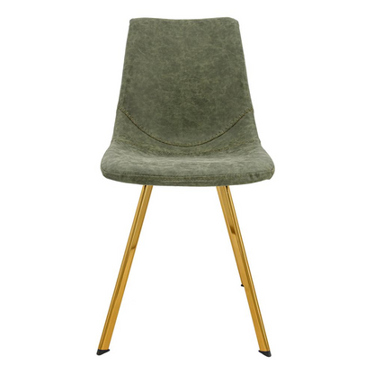 Set of four Markley modern leather dining chairs with gold metal legs, featuring sleek design and plush cushioning.
