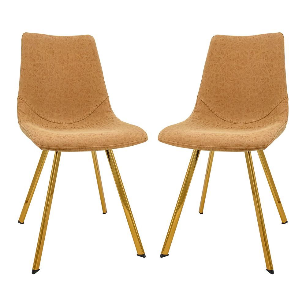 Set of two Markley modern leather dining chairs with gold metal legs, featuring sleek design and cushioned seats.