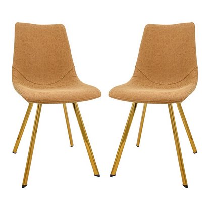 Set of two Markley modern leather dining chairs with gold metal legs, featuring sleek design and cushioned seats.