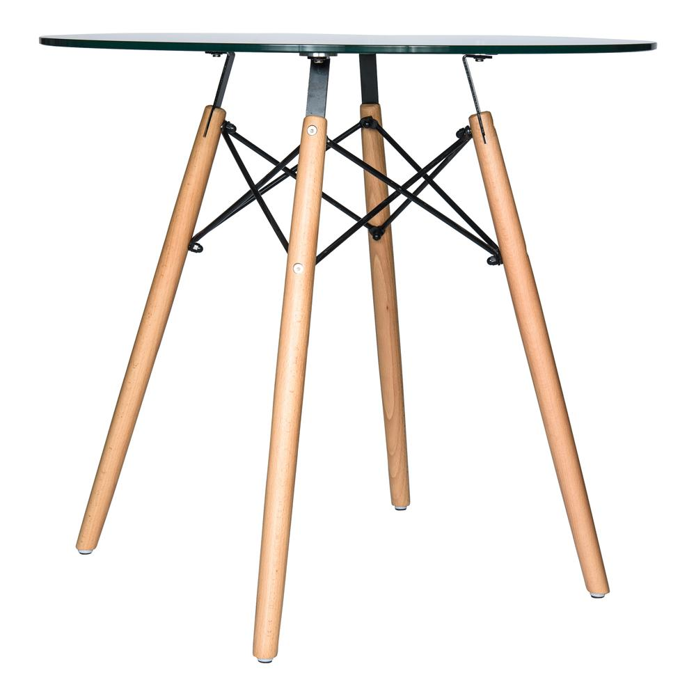 Dover round bistro glass top dining table with natural wood Eiffel base, modern furniture piece by Start2Finish