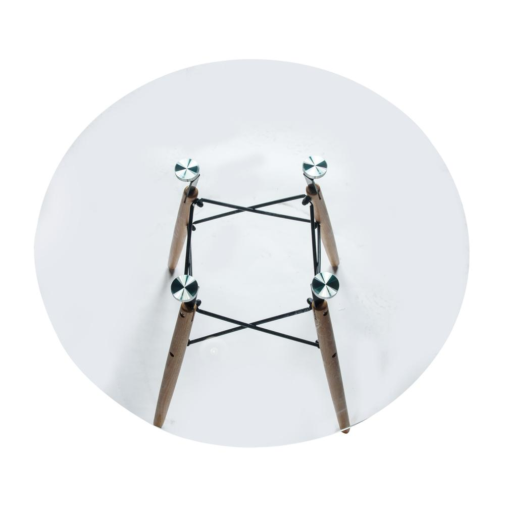 Start2Finish Dover round glass top dining table with natural wood Eiffel base, modern furniture piece for dining rooms.