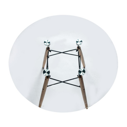 Start2Finish Dover round glass top dining table with natural wood Eiffel base, modern furniture piece for dining rooms.