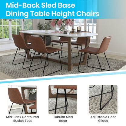 Pair of 18-inch mid-back sled base dining chairs by Start2Finish with light brown upholstered seats and black metal frames.