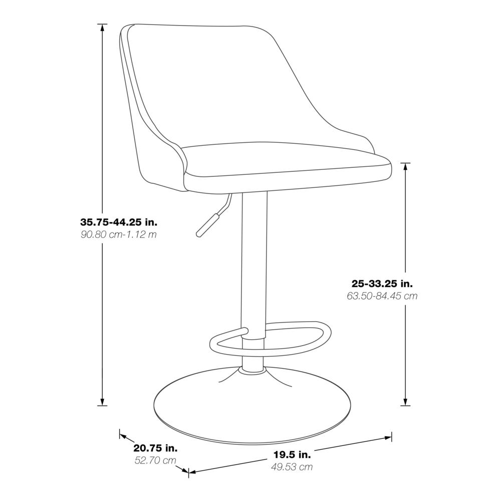 Start2Finish Sylmar height adjustable stool with navy faux leather upholstery and chrome base, showing its adjustable lever and cushioned seat.