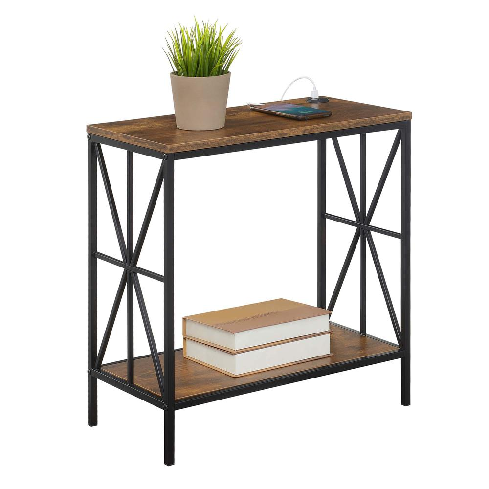 Barnwood and black Tucson Starburst Chairside End Table by Start2Finish with charging station and shelf, ideal for living room decor.