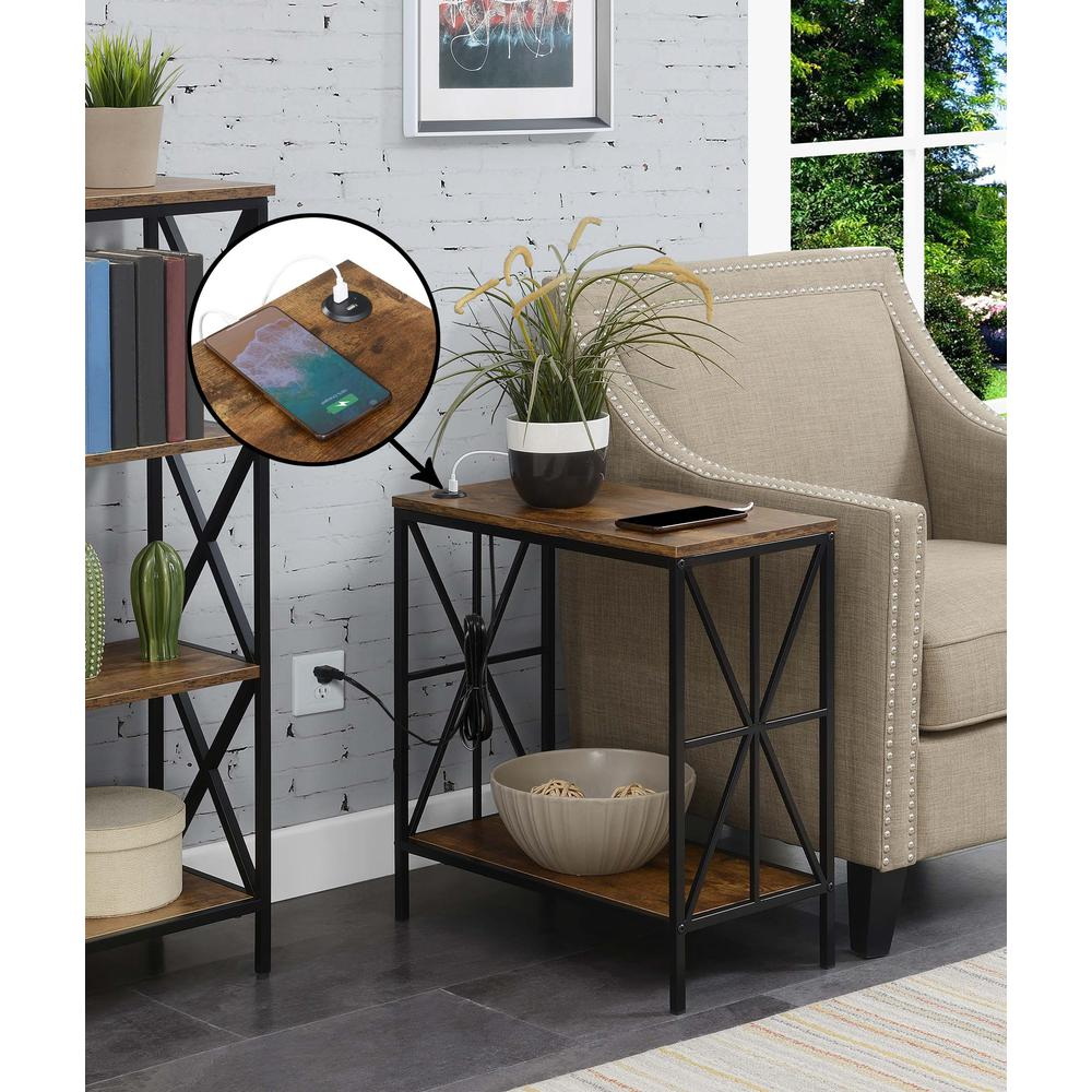 Start2Finish Tucson Starburst chairside end table with barnwood finish, black accents, charging station, and shelf for living room use.