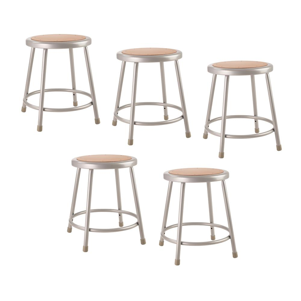 Five grey 18-inch heavy-duty steel stools by Start2Finish, sturdy seating with durable metal construction for versatile use.