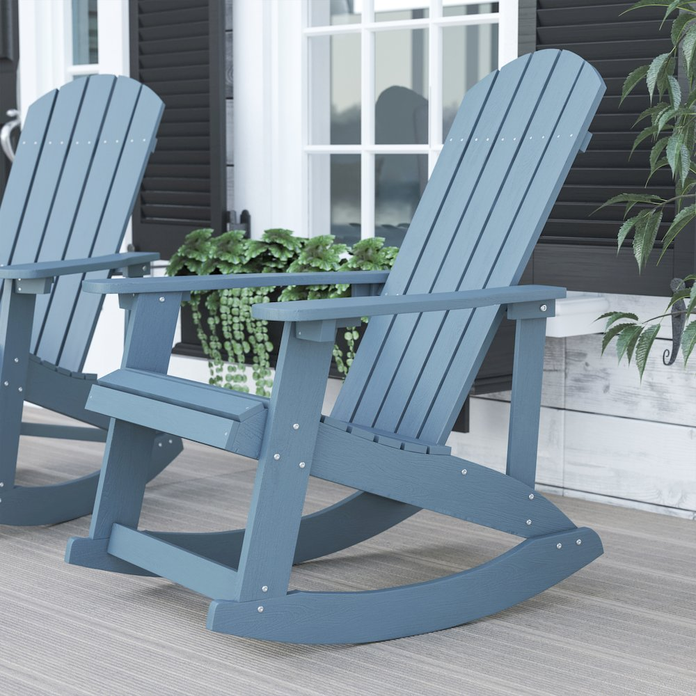 Sea foam Adirondack rocking chair by Start2Finish, made of durable furniture material, shown outdoors.