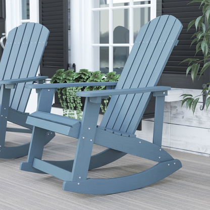 Sea foam Adirondack rocking chair by Start2Finish, made of durable furniture material, shown outdoors.
