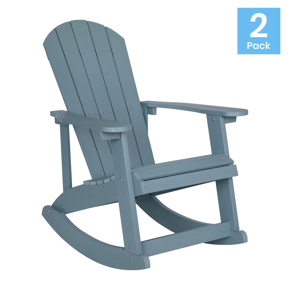 Set of two Sea Foam Adirondack rocking chairs by Start2Finish, showcasing durable plastic construction and comfortable curved seats.