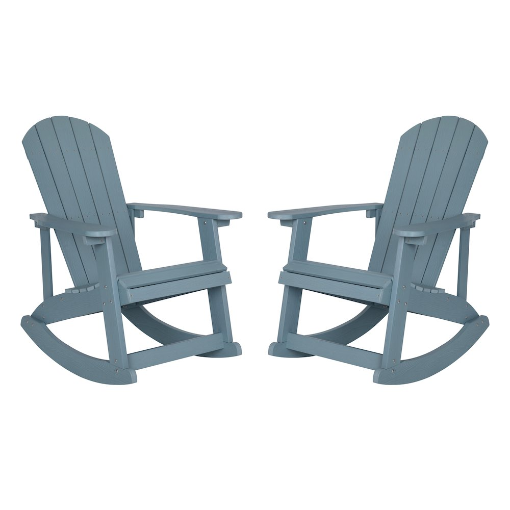 Set of two Start2Finish Adirondack rocking chairs in sea foam, featuring wide armrests and a curved backrest in outdoor patio style.