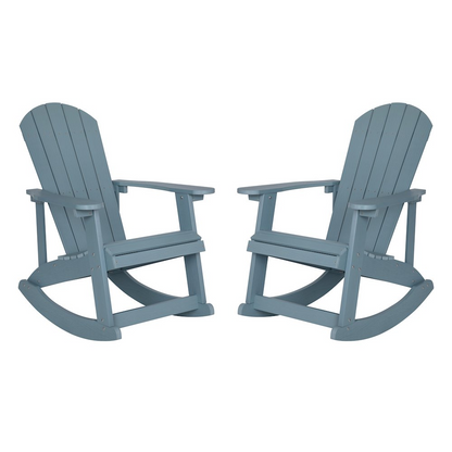 Set of two Start2Finish Adirondack rocking chairs in sea foam, featuring wide armrests and a curved backrest in outdoor patio style.
