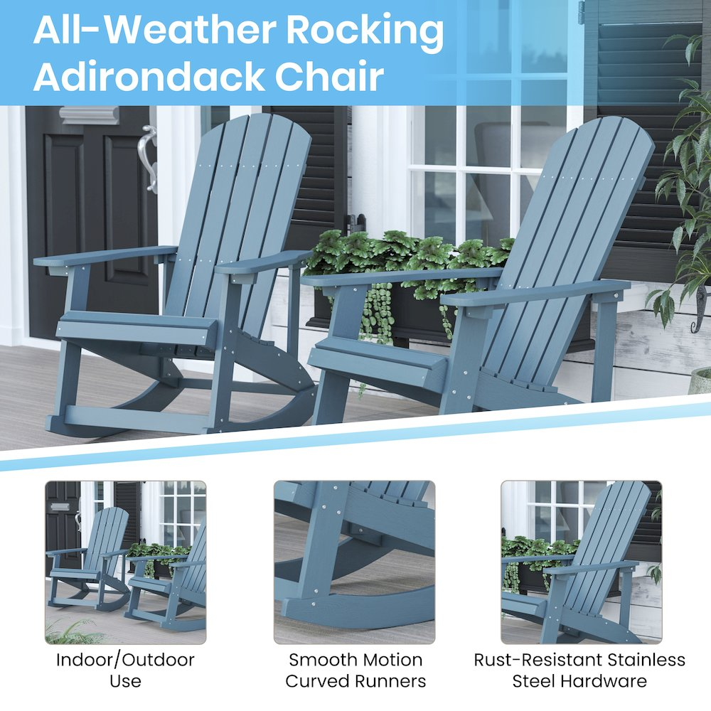 Pair of Start2Finish Adirondack rocking chairs in sea foam green, featuring wide armrests and curved backrests for outdoor relaxation.