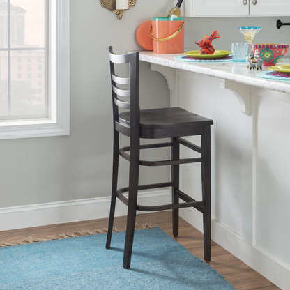 Set of two Start2Finish Blairmont brown barstools with wooden legs and cushioned seats, ideal for kitchen or bar area.
