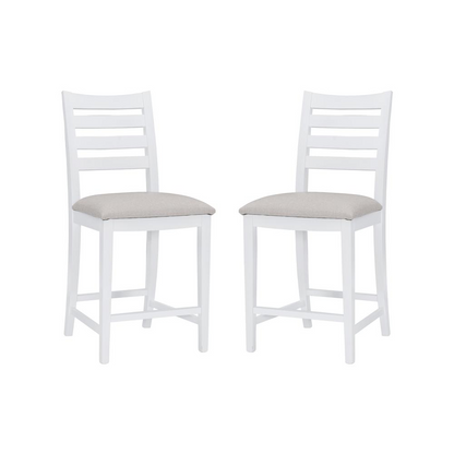 Set of two Flynn white upholstered counter stools by Start2Finish, featuring cushioned seats and sleek modern design.