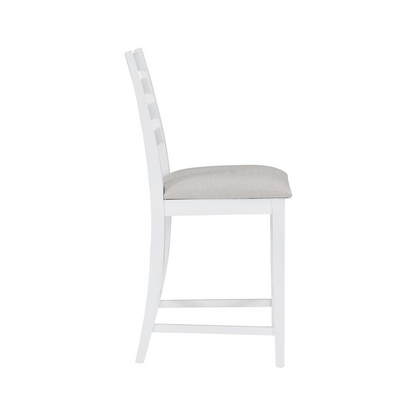 Set of two Start2Finish Flynn white upholstered counter stools with padded seats and sleek legs, ideal for kitchen or bar area.