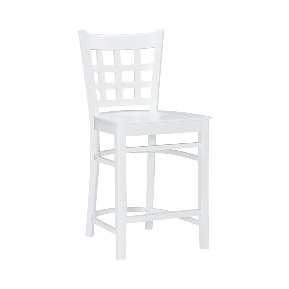 Set of two white Lola counter stools by Start2Finish, sleek modern furniture with padded seats and metal legs.