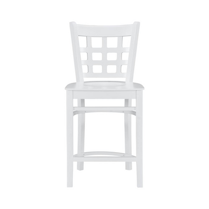 Set of two white Lola counter stools by Start2Finish, featuring modern design with sturdy wooden legs and comfortable seats.