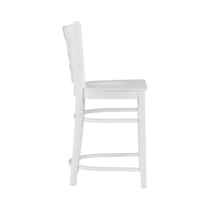 Set of two white Lola counter stools by Start2Finish, featuring modern design, wooden legs, and cushioned seats for kitchen or bar area.
