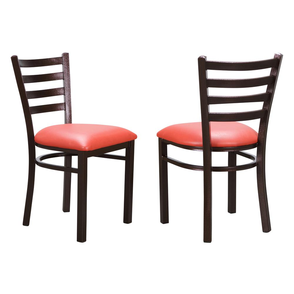 Set of two Start2Finish Baxter metal side chairs in bright red with sleek, modern design and sturdy metal frames.