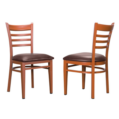 Set of two Start2Finish Baxter metal side chairs with honey and burgundy upholstered seats and metal frames.