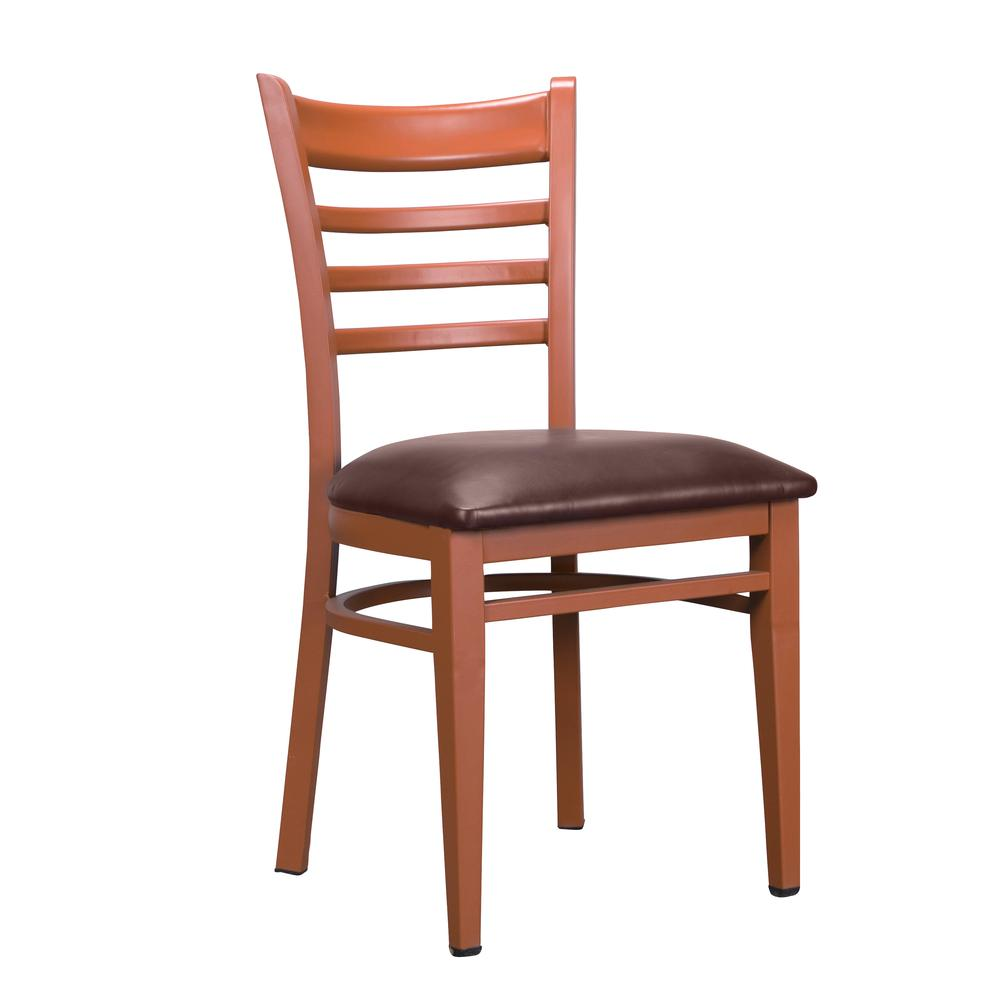 Set of two Start2Finish Baxter metal side chairs in honey and burgundy, featuring sleek metal frames and upholstered seats.