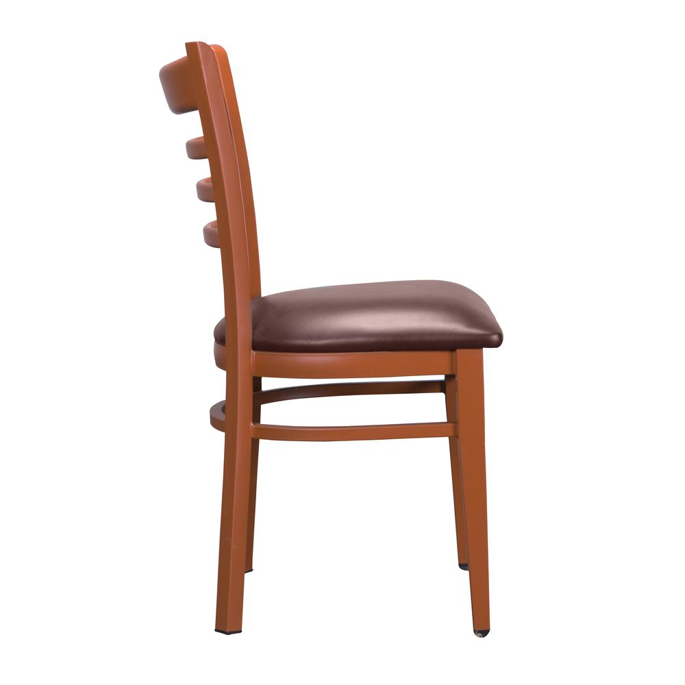 Set of two Start2Finish Baxter metal side chairs with honey and burgundy finish, featuring a sleek, modern design.