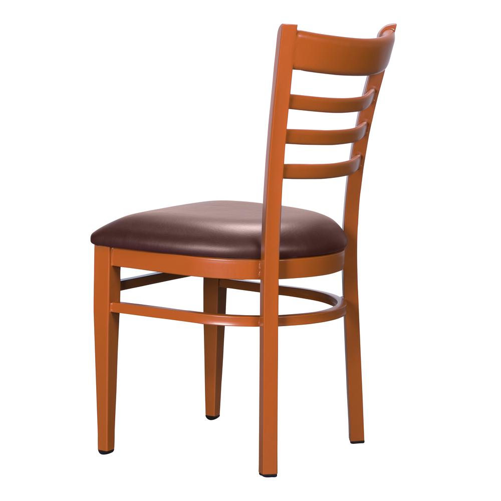 Set of two Baxter metal side chairs in honey and burgundy finish by Start2Finish, featuring sleek metal frames and cushioned seats.